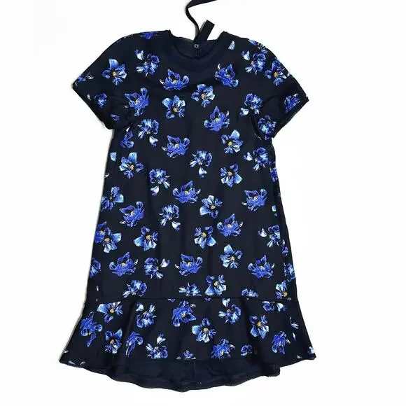 Proenza Schouler Floral Print Blue Black Tie Back Short Sleeve Mini Shift Dress - Picture 3 of 16